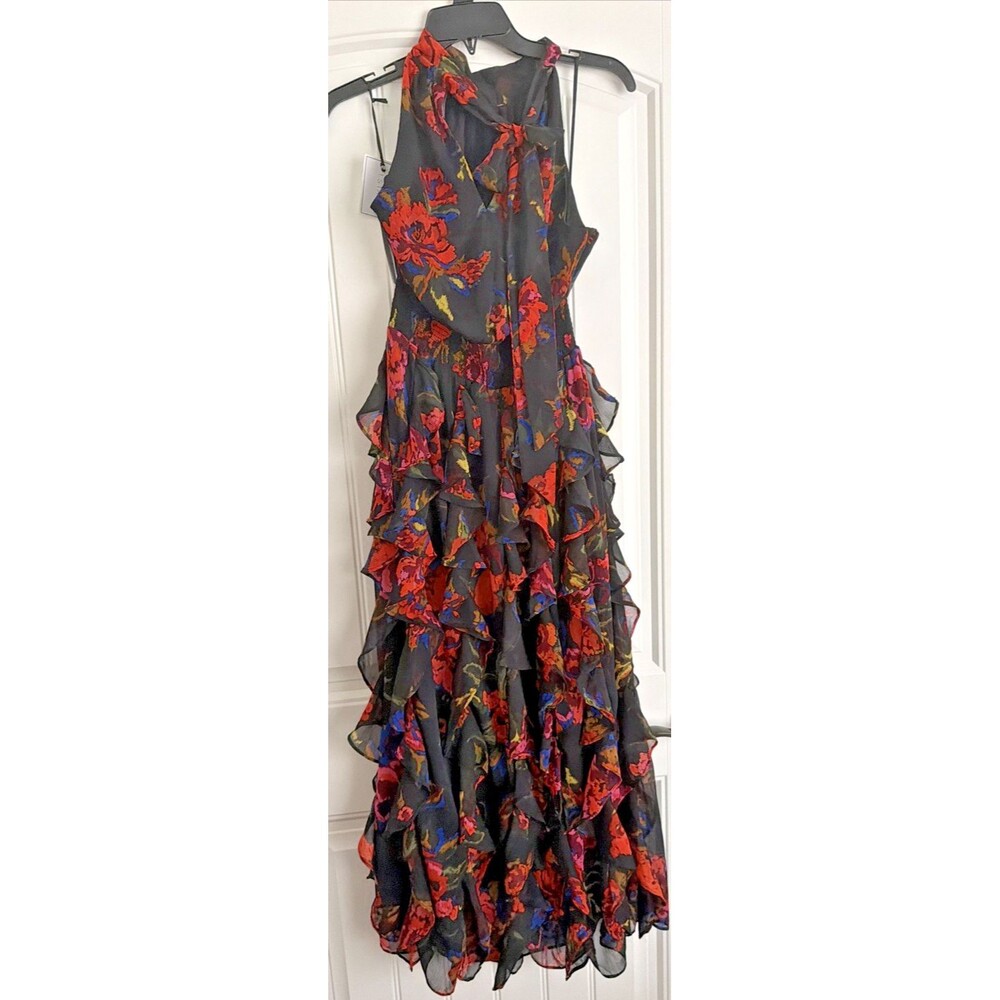 1.STATE Women's Floral Smocked Cascade-Ruffle Halter Maxi Dress Black Multi S - Picture 11 of 13